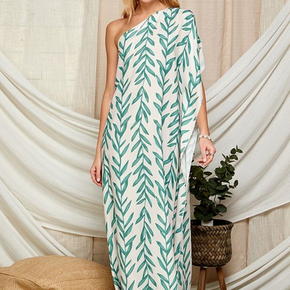 LEAF PRINT ONE SHOULDER SATIN MAXI DRESS - Picture 7 of 7